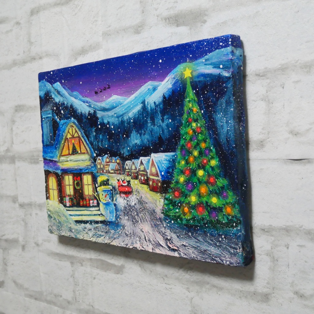 油絵 油彩 油彩画 絵 絵画【クリスマスイブの町】