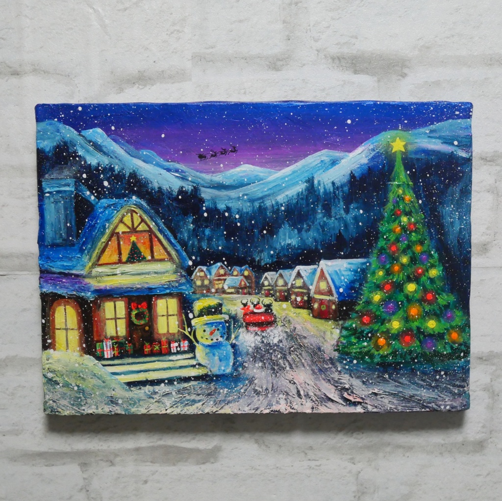 油絵 油彩 油彩画 絵 絵画【クリスマスイブの町】