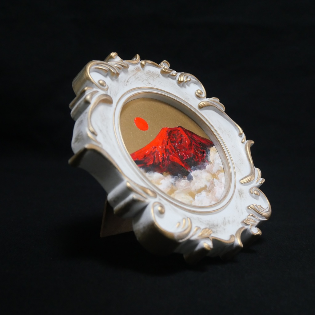 縁起物 ミニ絵画「旭日赤富士」油絵 油彩画 原画 インテリアに