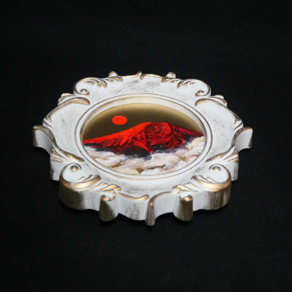 縁起物 ミニ絵画「旭日赤富士」油絵 油彩画 原画 インテリアに