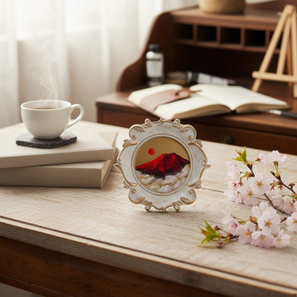 縁起物 ミニ絵画「旭日赤富士」油絵 油彩画 原画 インテリアに