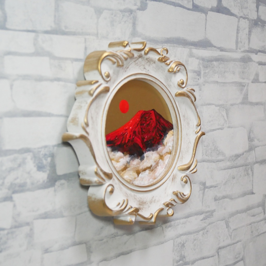 縁起物 ミニ絵画「旭日赤富士」油絵 油彩画 原画 インテリアに