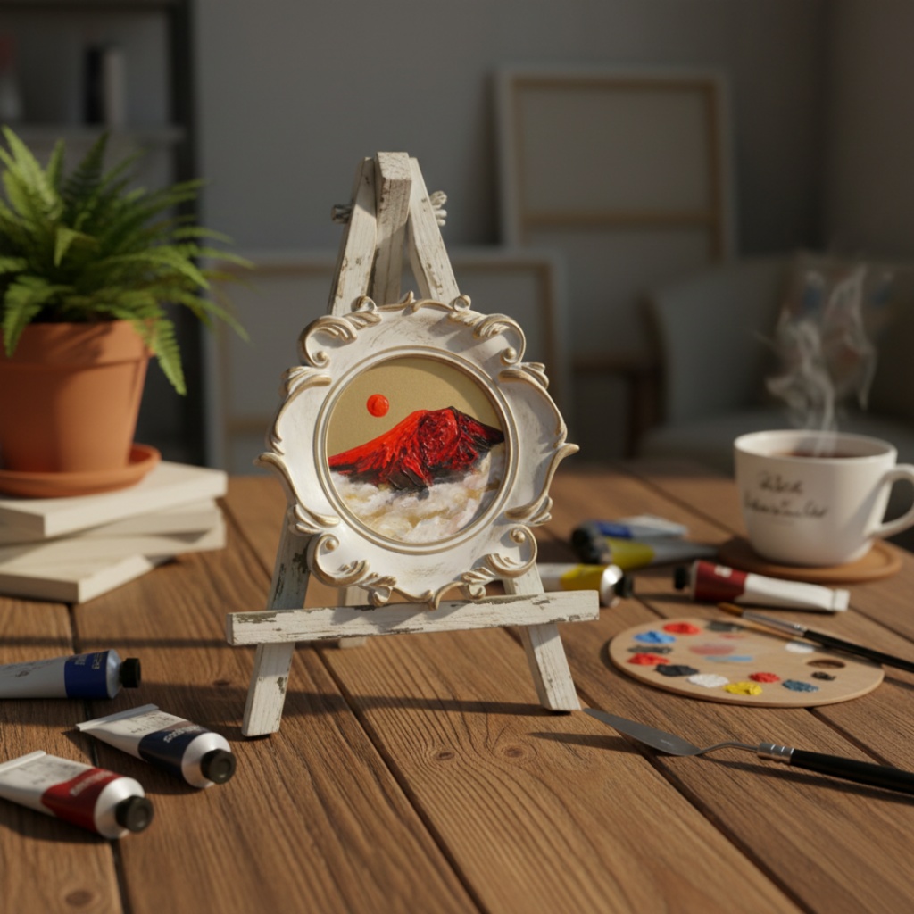 縁起物 ミニ絵画「旭日赤富士」油絵 油彩画 原画 インテリアに