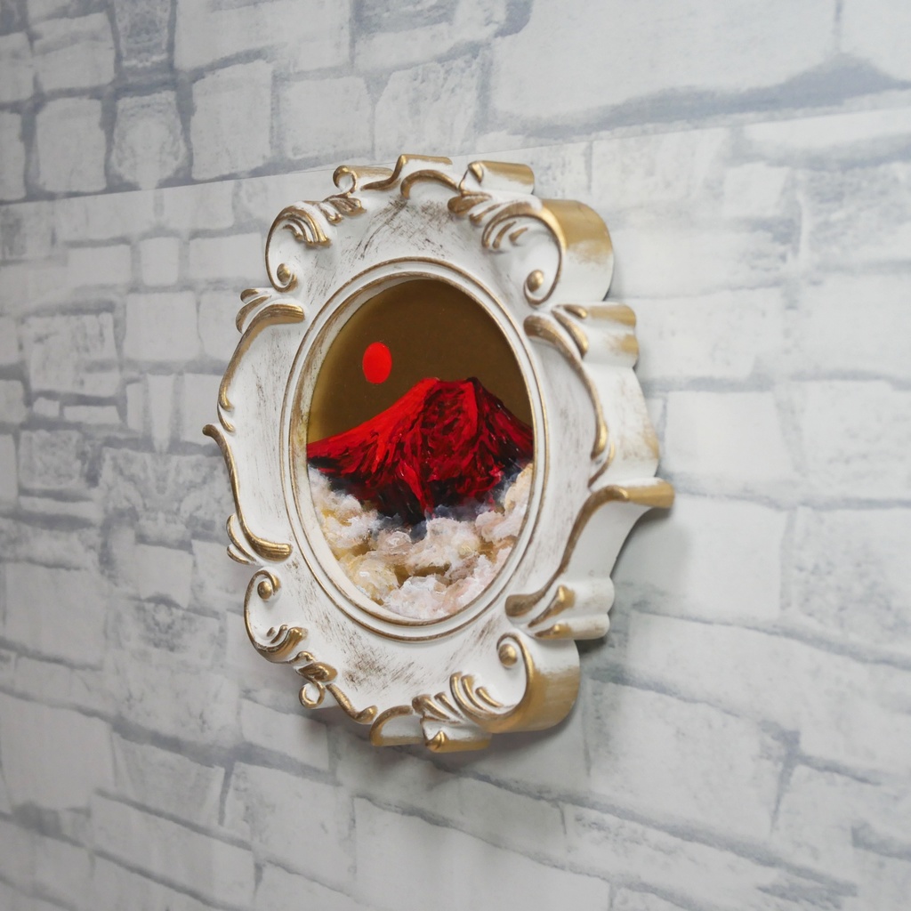 縁起物 ミニ絵画「旭日赤富士」油絵 油彩画 原画 インテリアに