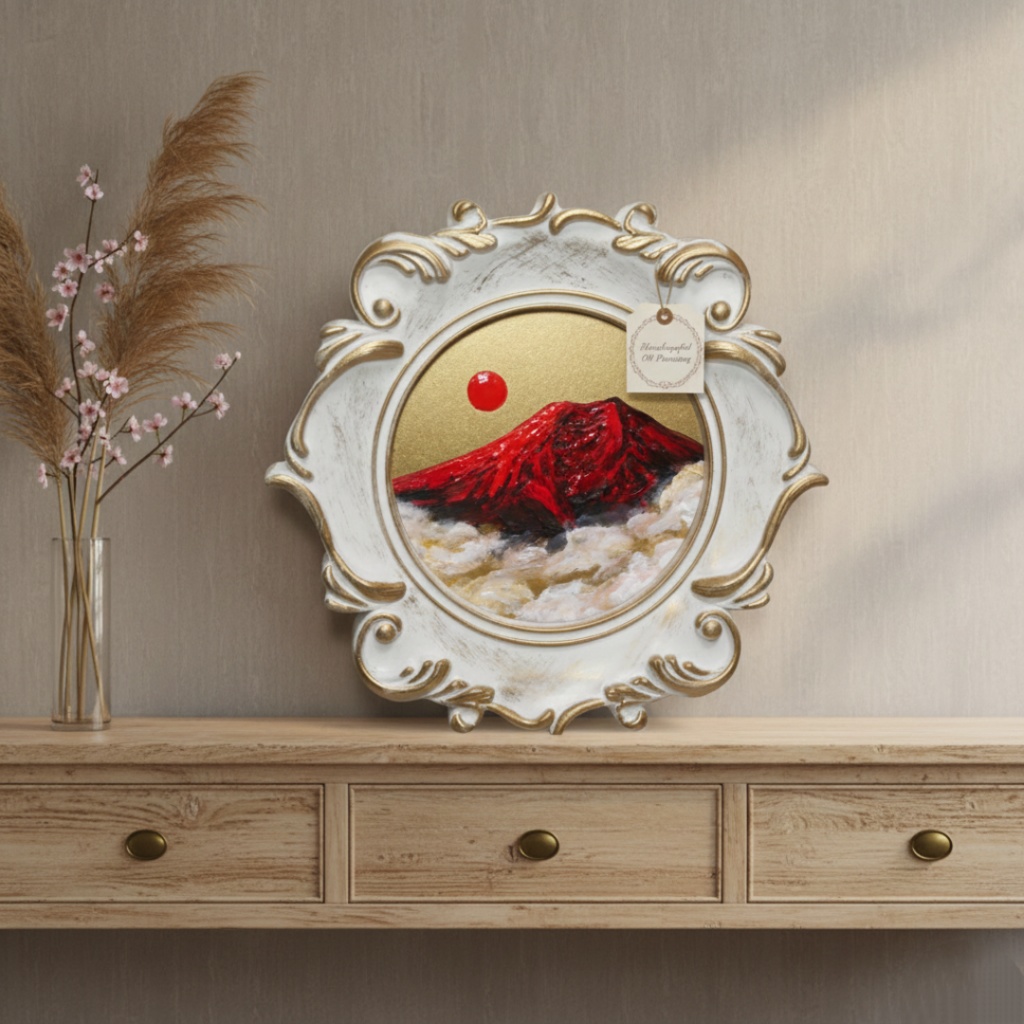 縁起物 ミニ絵画「旭日赤富士」油絵 油彩画 原画 インテリアに