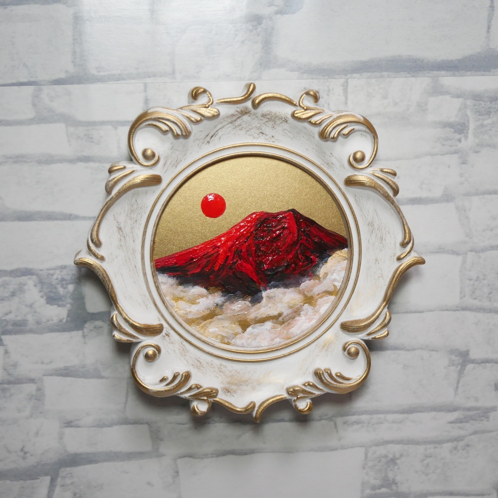 縁起物 ミニ絵画「旭日赤富士」油絵 油彩画 原画 インテリアに
