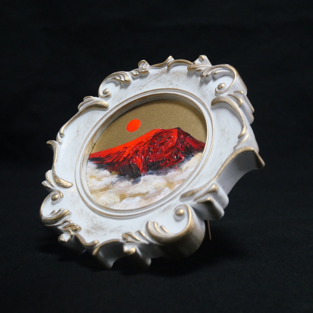 縁起物 ミニ絵画「旭日赤富士」油絵 油彩画 原画 インテリアに