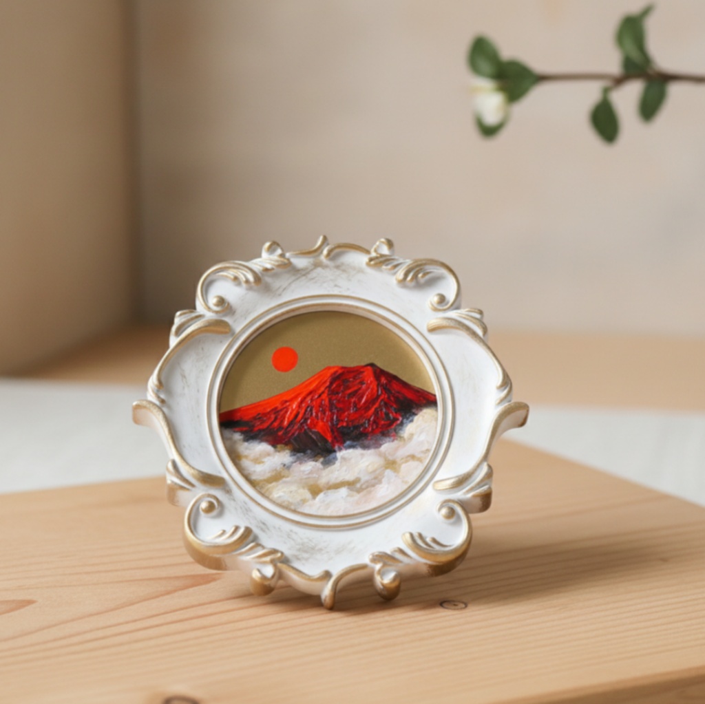 縁起物 ミニ絵画「旭日赤富士」油絵 油彩画 原画 インテリアに