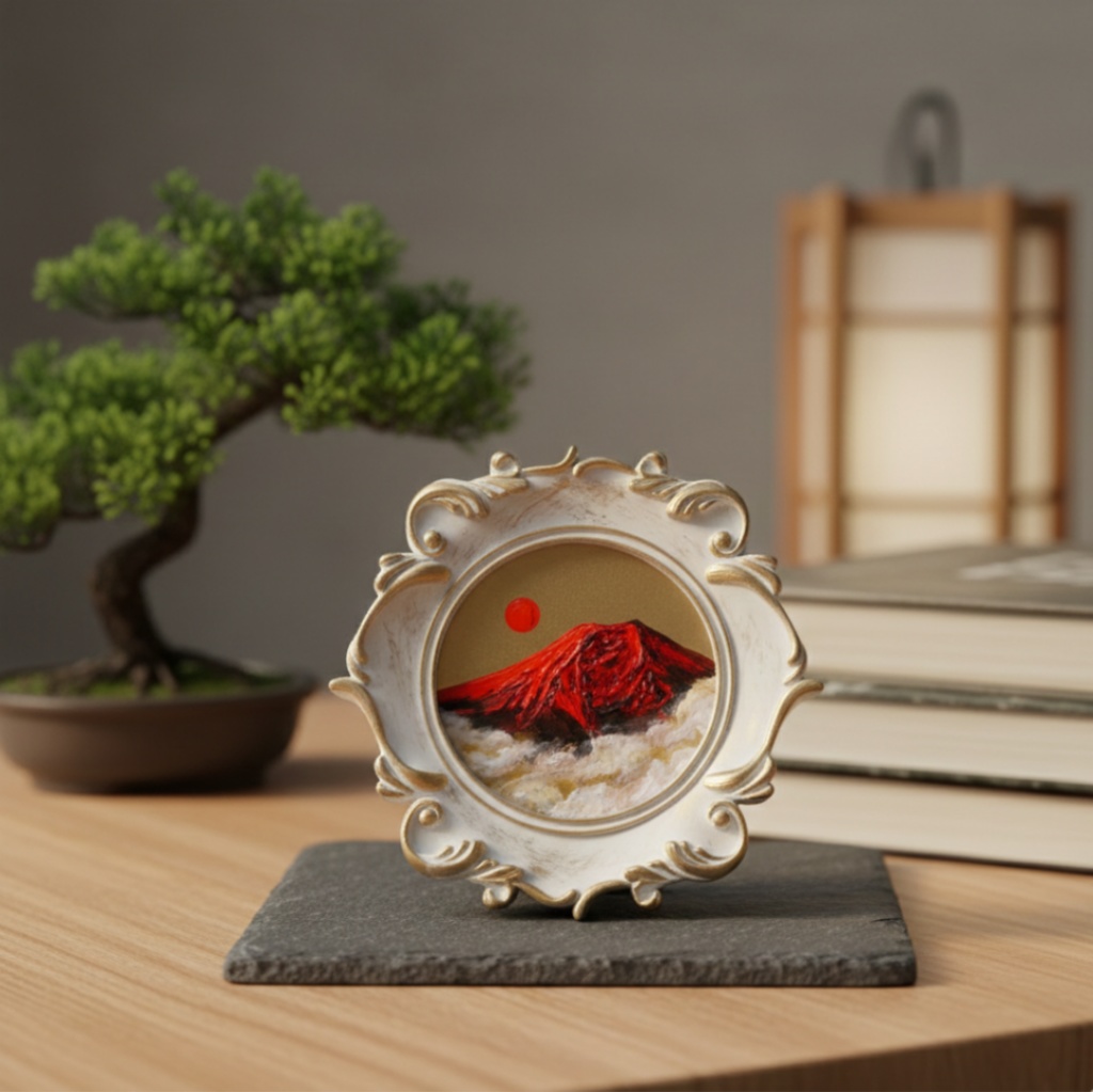 縁起物 ミニ絵画「旭日赤富士」油絵 油彩画 原画 インテリアに