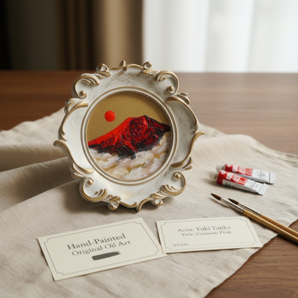 縁起物 ミニ絵画「旭日赤富士」油絵 油彩画 原画 インテリアに
