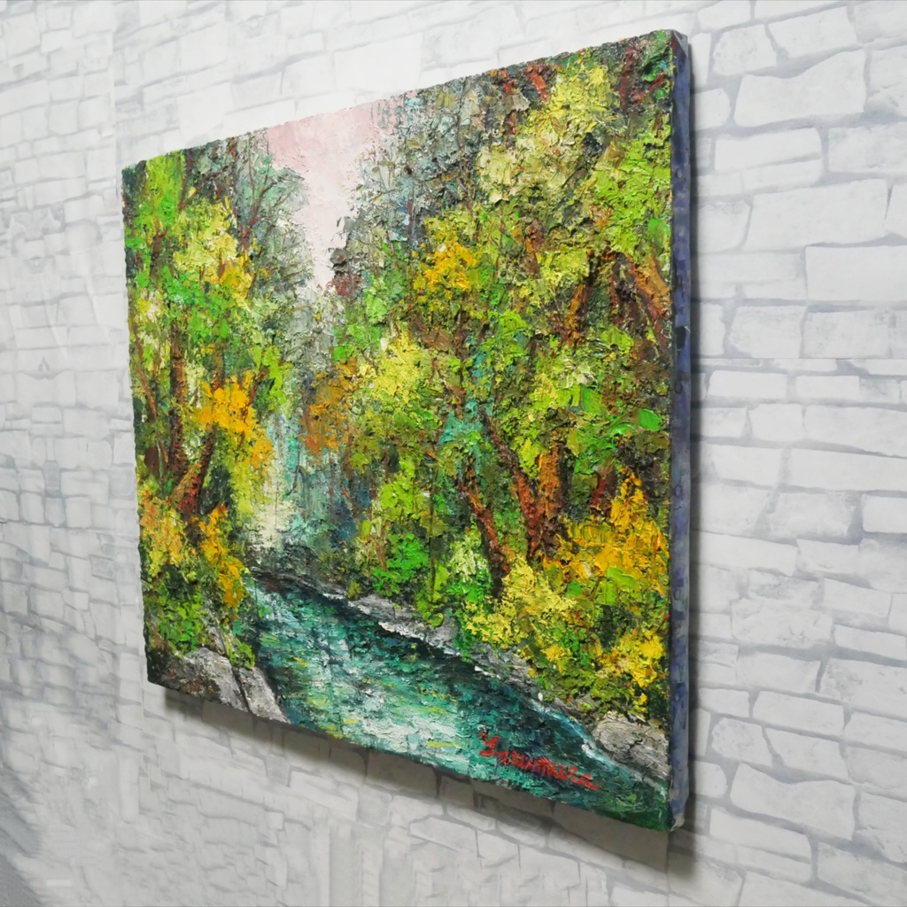 油絵 油彩 油彩画 絵 絵画 【新緑の渓流】