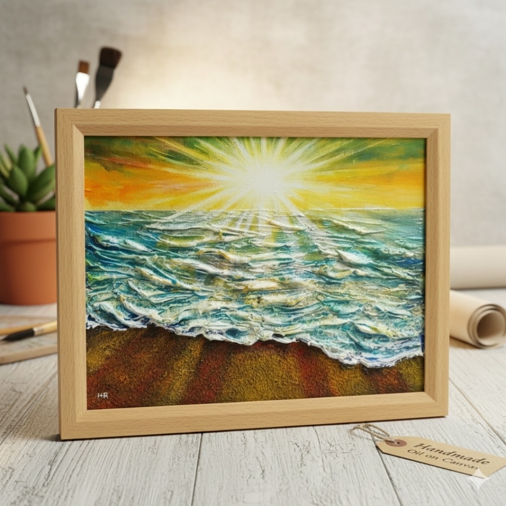 油絵 【潮風のまどろむ浜辺で】 海の絵 朝焼け 砂浜 アート