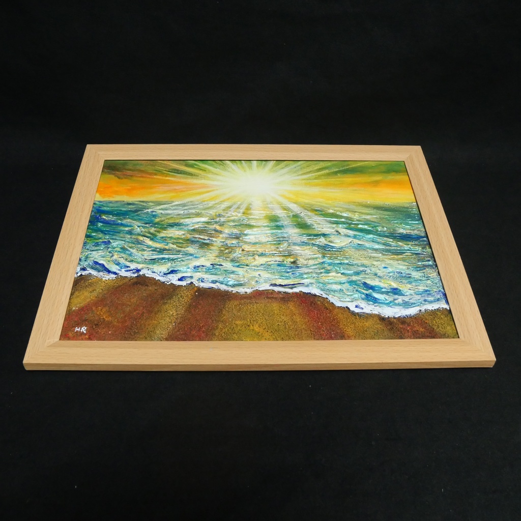 油絵 【潮風のまどろむ浜辺で】 海の絵 朝焼け 砂浜 アート