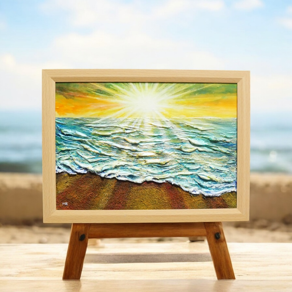 油絵 【潮風のまどろむ浜辺で】 海の絵 朝焼け 砂浜 アート
