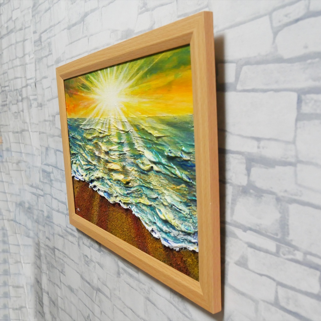 油絵 【潮風のまどろむ浜辺で】 海の絵 朝焼け 砂浜 アート