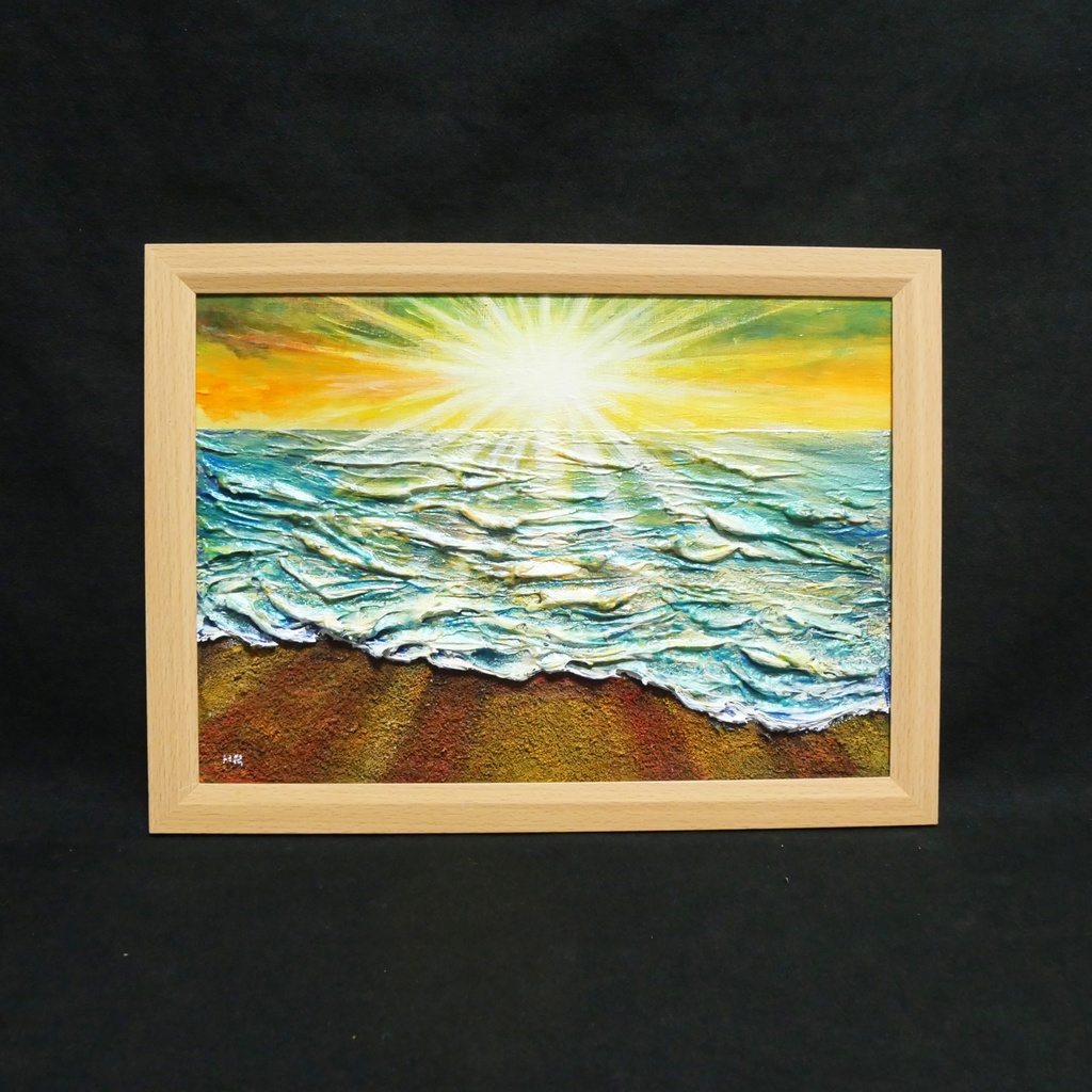 油絵 【潮風のまどろむ浜辺で】 海の絵 朝焼け 砂浜 アート