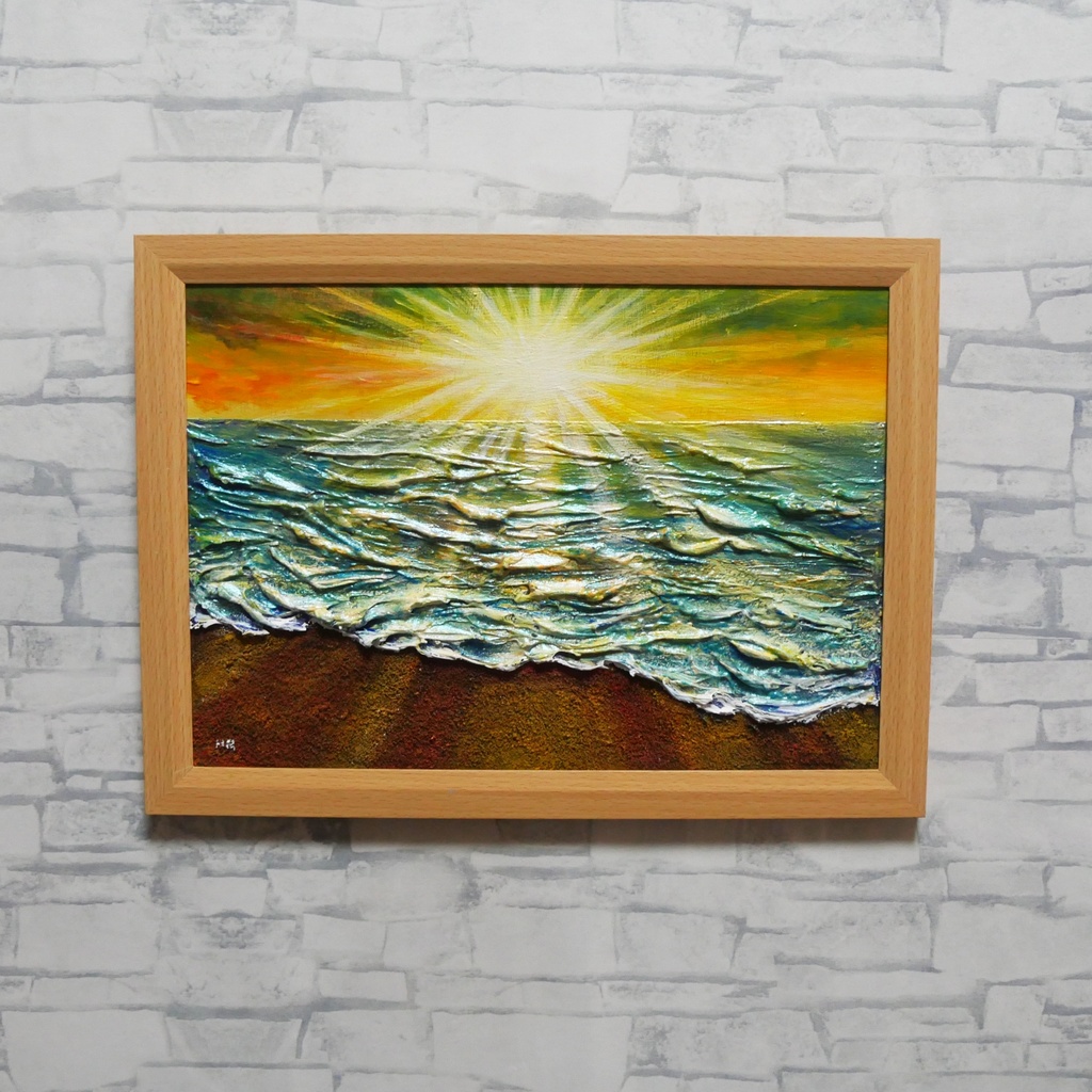 油絵 【潮風のまどろむ浜辺で】 海の絵 朝焼け 砂浜 アート