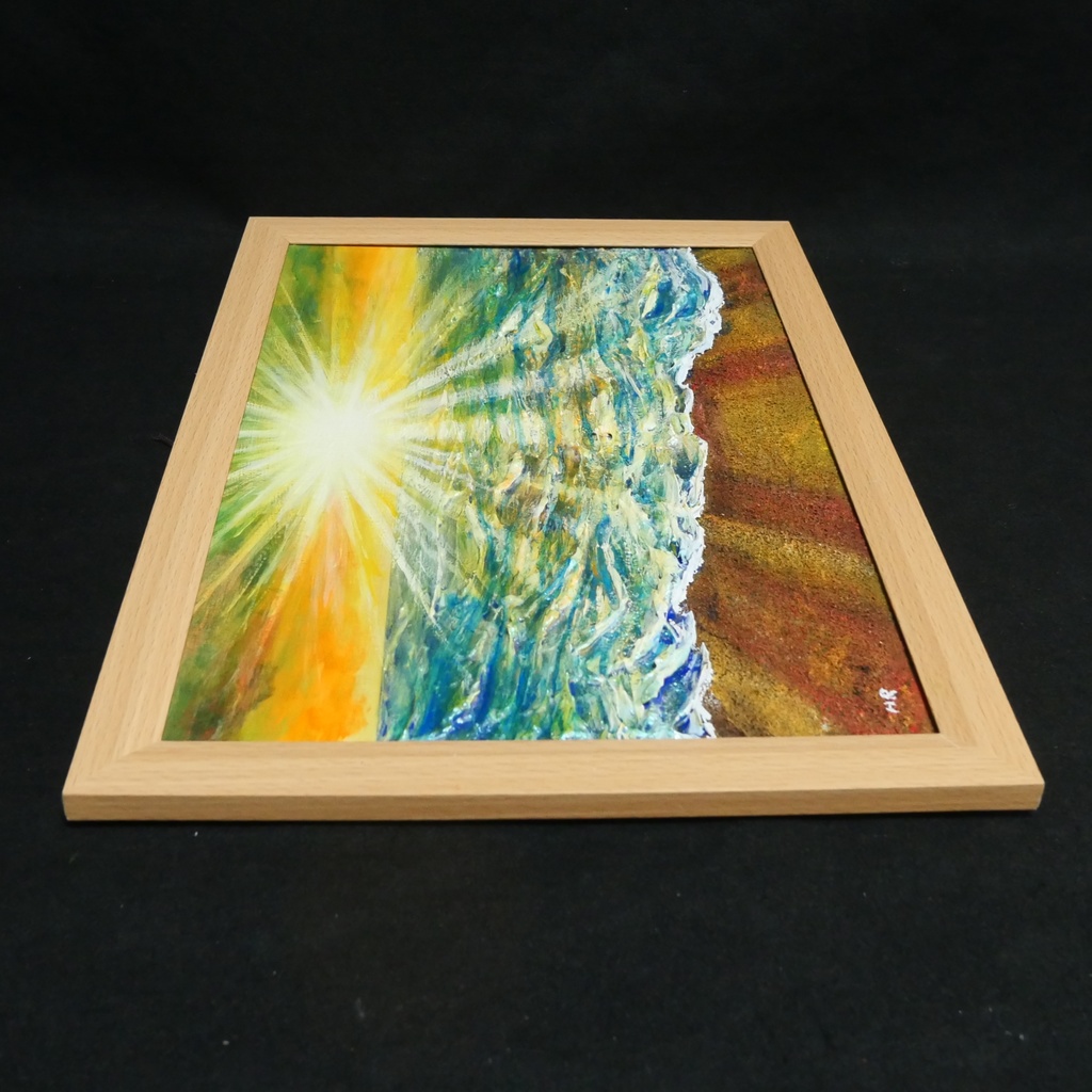 油絵 【潮風のまどろむ浜辺で】 海の絵 朝焼け 砂浜 アート