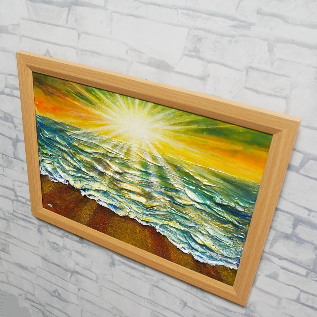 油絵 【潮風のまどろむ浜辺で】 海の絵 朝焼け 砂浜 アート