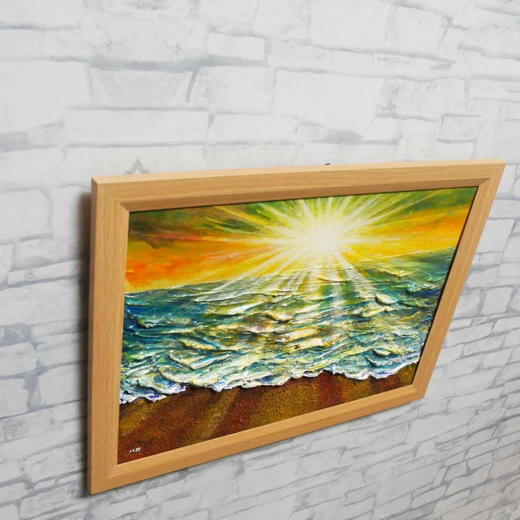 油絵 【潮風のまどろむ浜辺で】 海の絵 朝焼け 砂浜 アート
