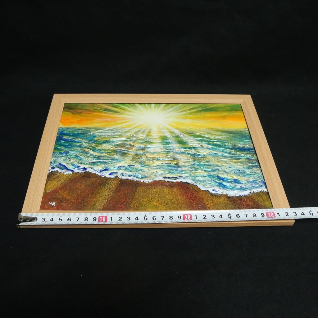 油絵 【潮風のまどろむ浜辺で】 海の絵 朝焼け 砂浜 アート