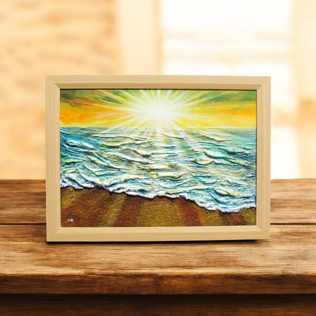 油絵 【潮風のまどろむ浜辺で】 海の絵 朝焼け 砂浜 アート