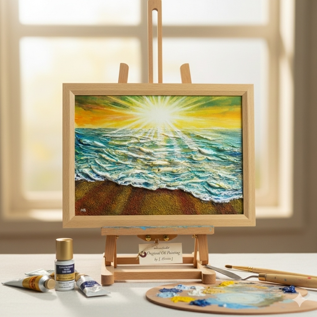 油絵 【潮風のまどろむ浜辺で】 海の絵 朝焼け 砂浜 アート