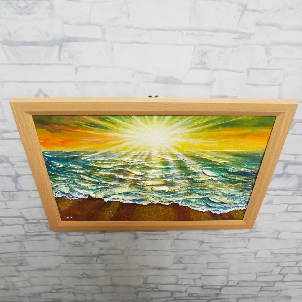 油絵 【潮風のまどろむ浜辺で】 海の絵 朝焼け 砂浜 アート