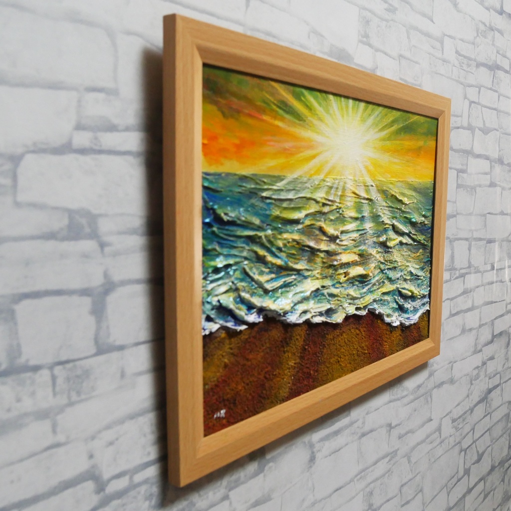 油絵 【潮風のまどろむ浜辺で】 海の絵 朝焼け 砂浜 アート