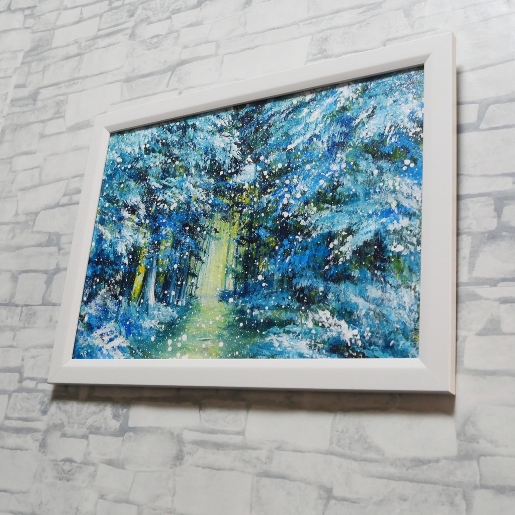 油彩画【雪の森の光】冬の風景