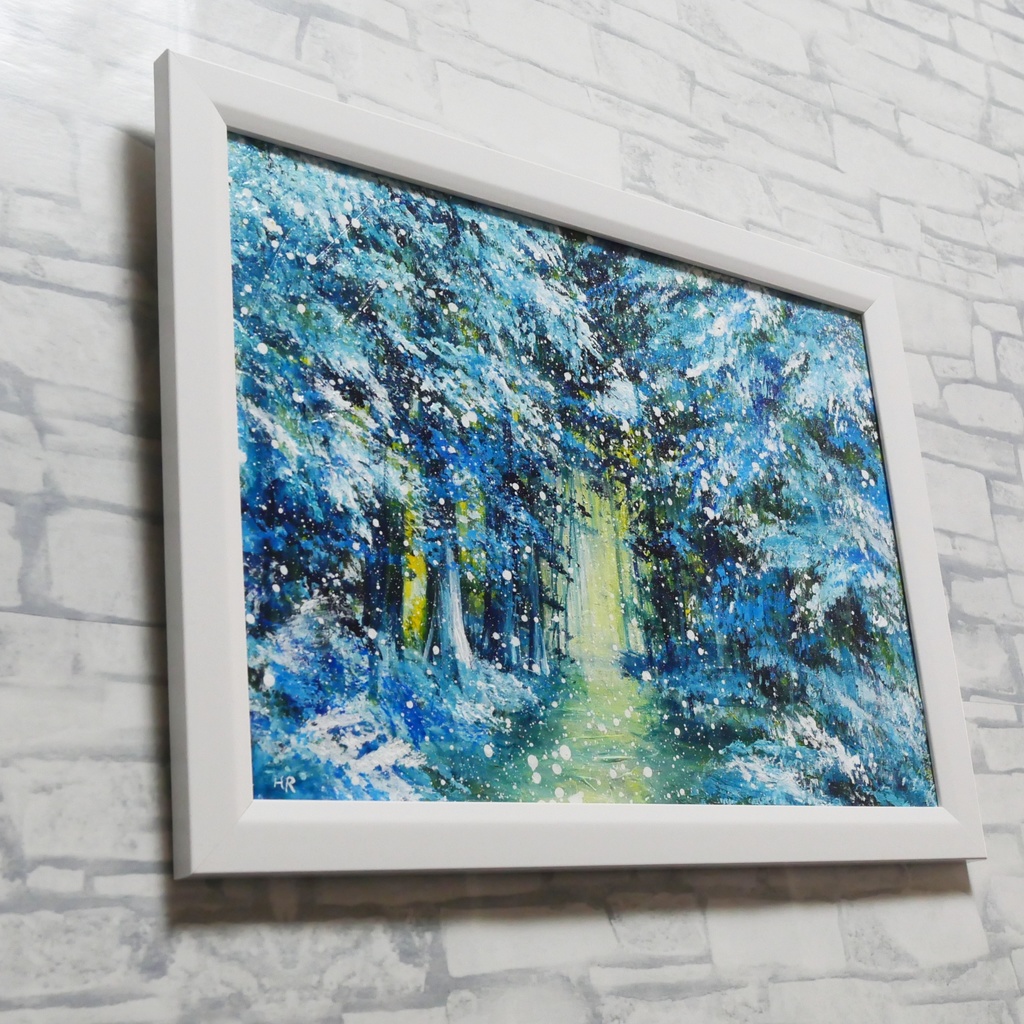 油彩画【雪の森の光】冬の風景