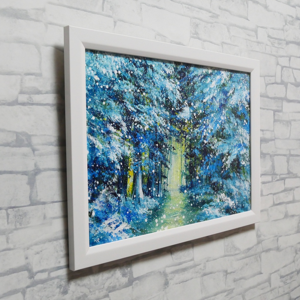 油彩画【雪の森の光】冬の風景