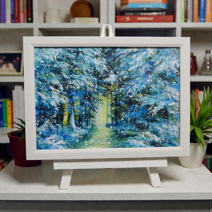 油彩画【雪の森の光】冬の風景