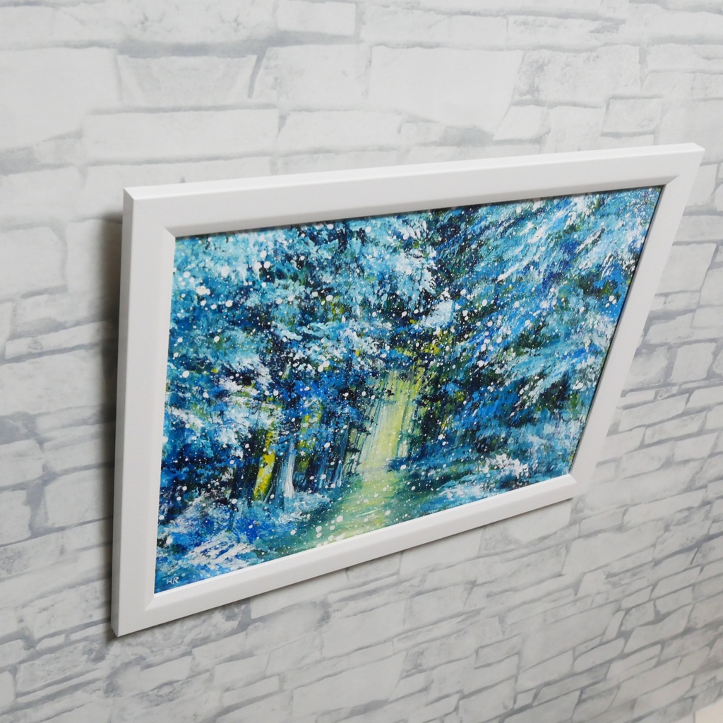 油彩画【雪の森の光】冬の風景