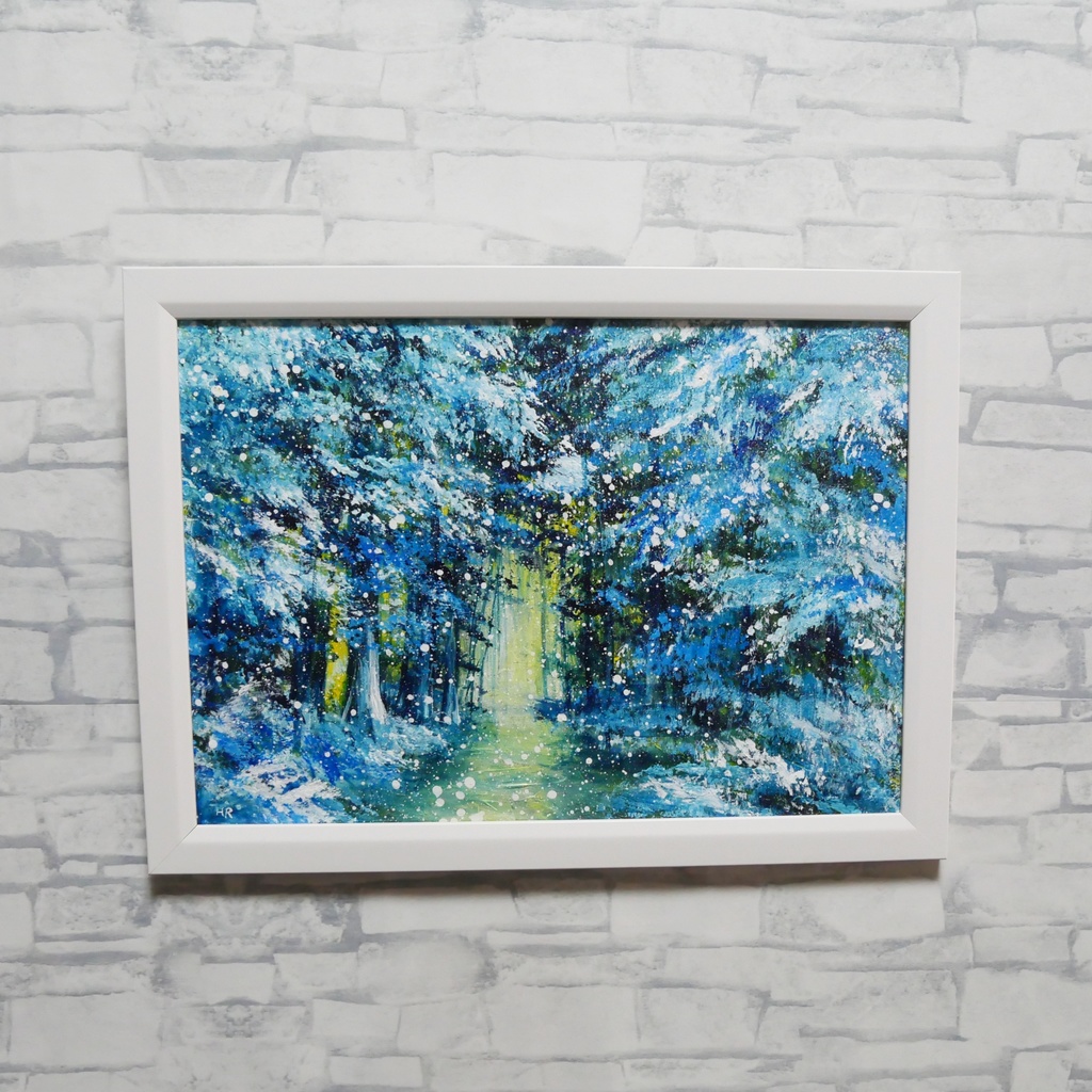 油彩画【雪の森の光】冬の風景