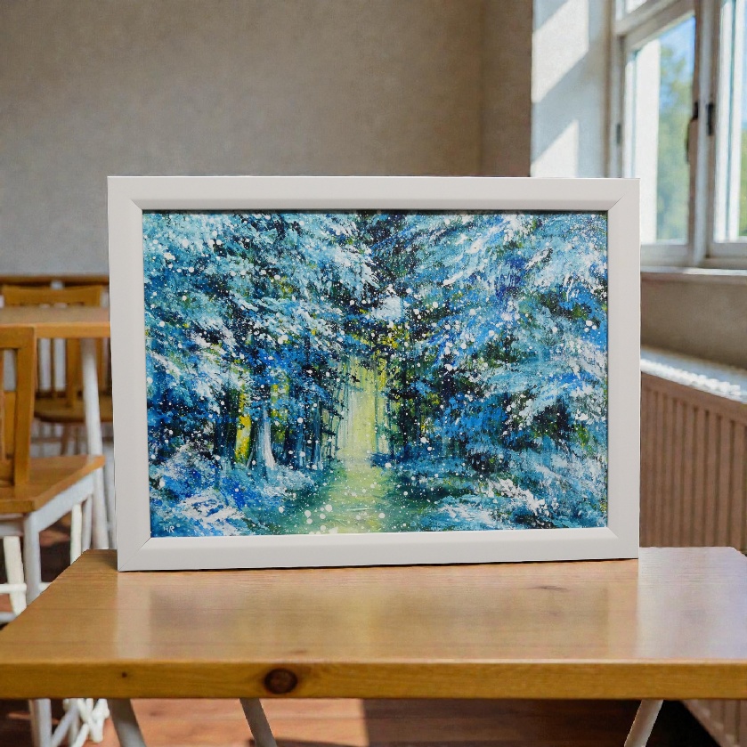 油彩画【雪の森の光】冬の風景