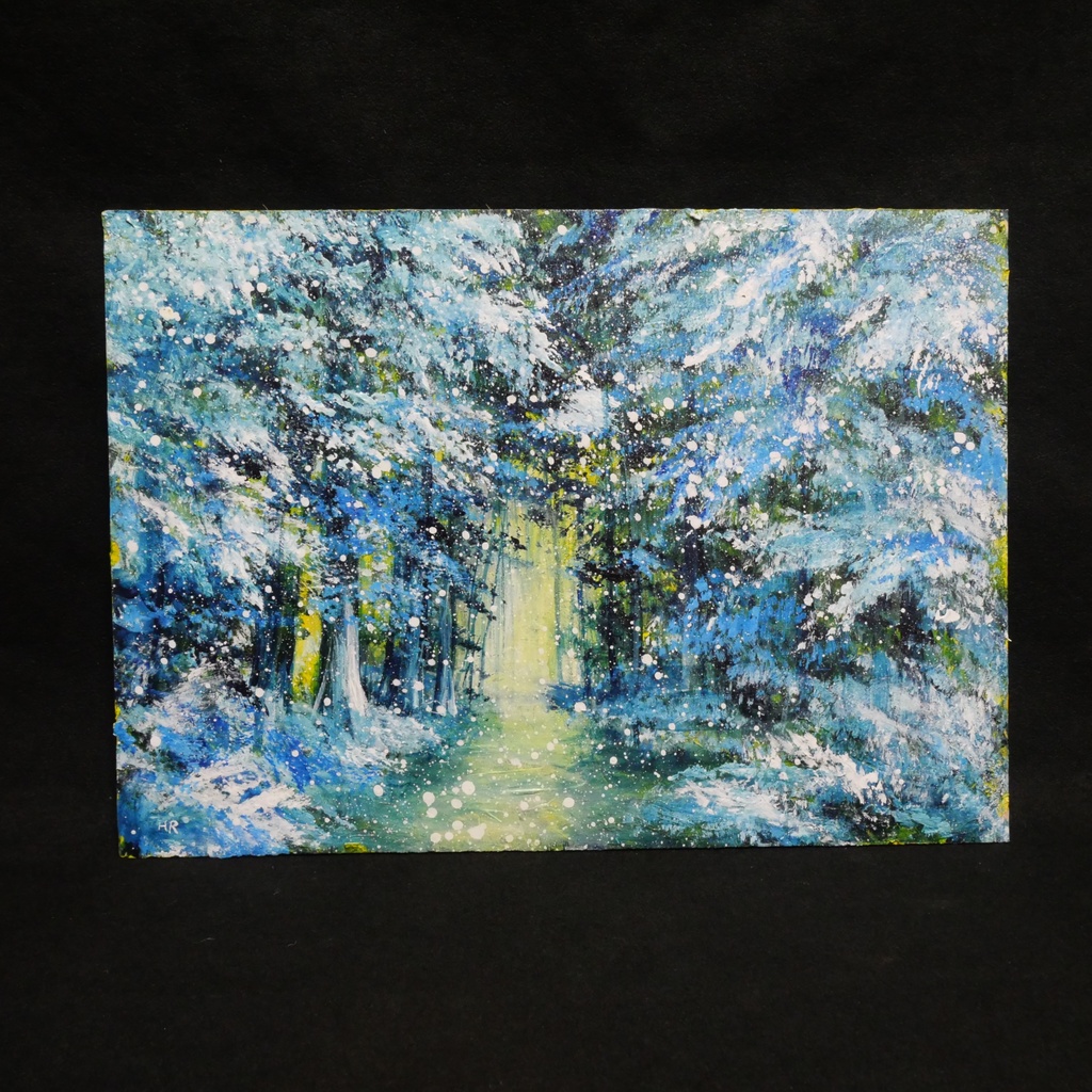 油彩画【雪の森の光】冬の風景