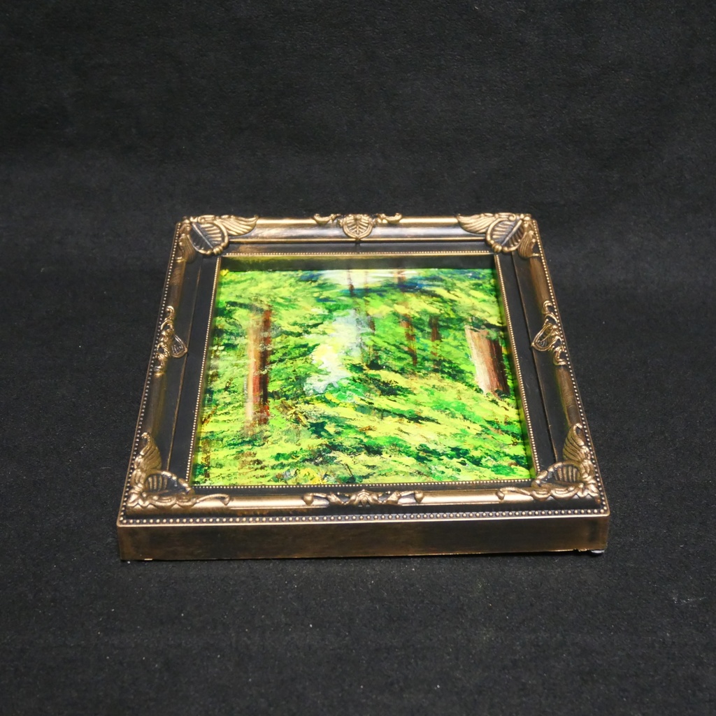 絵画 油彩 ミニ色紙絵 「緑の湖」