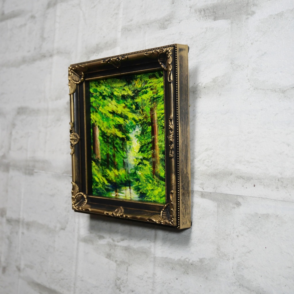 絵画 油彩 ミニ色紙絵 「緑の湖」