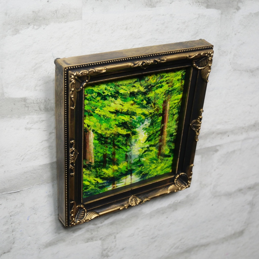 絵画 油彩 ミニ色紙絵 「緑の湖」