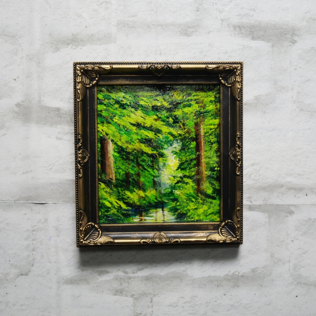 絵画 油彩 ミニ色紙絵 「緑の湖」