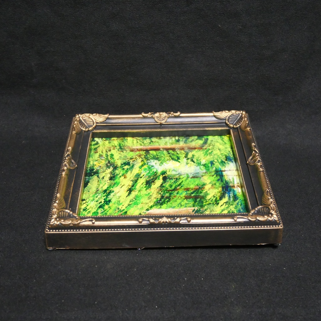 絵画 油彩 ミニ色紙絵 「緑の湖」