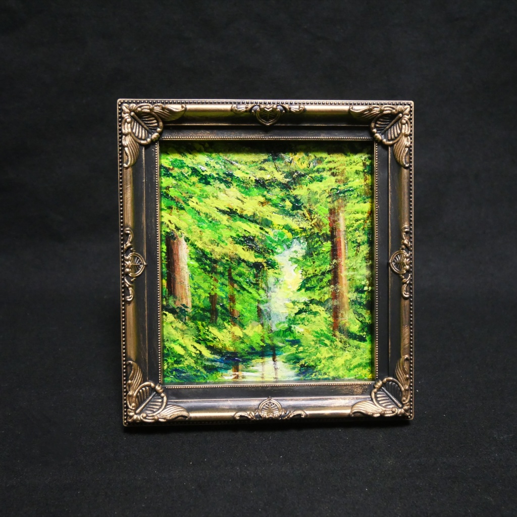 絵画 油彩 ミニ色紙絵 「緑の湖」