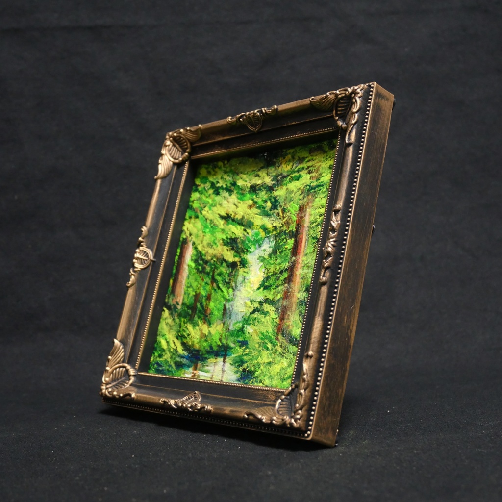 絵画 油彩 ミニ色紙絵 「緑の湖」