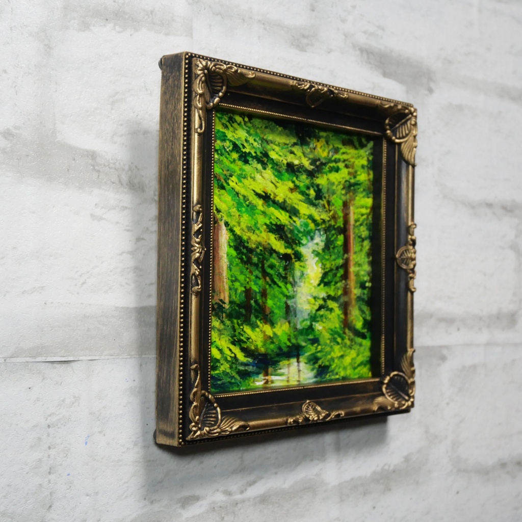 絵画 油彩 ミニ色紙絵 「緑の湖」