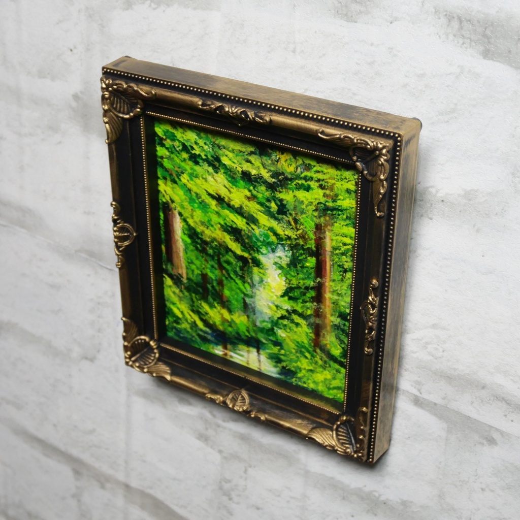 絵画 油彩 ミニ色紙絵 「緑の湖」