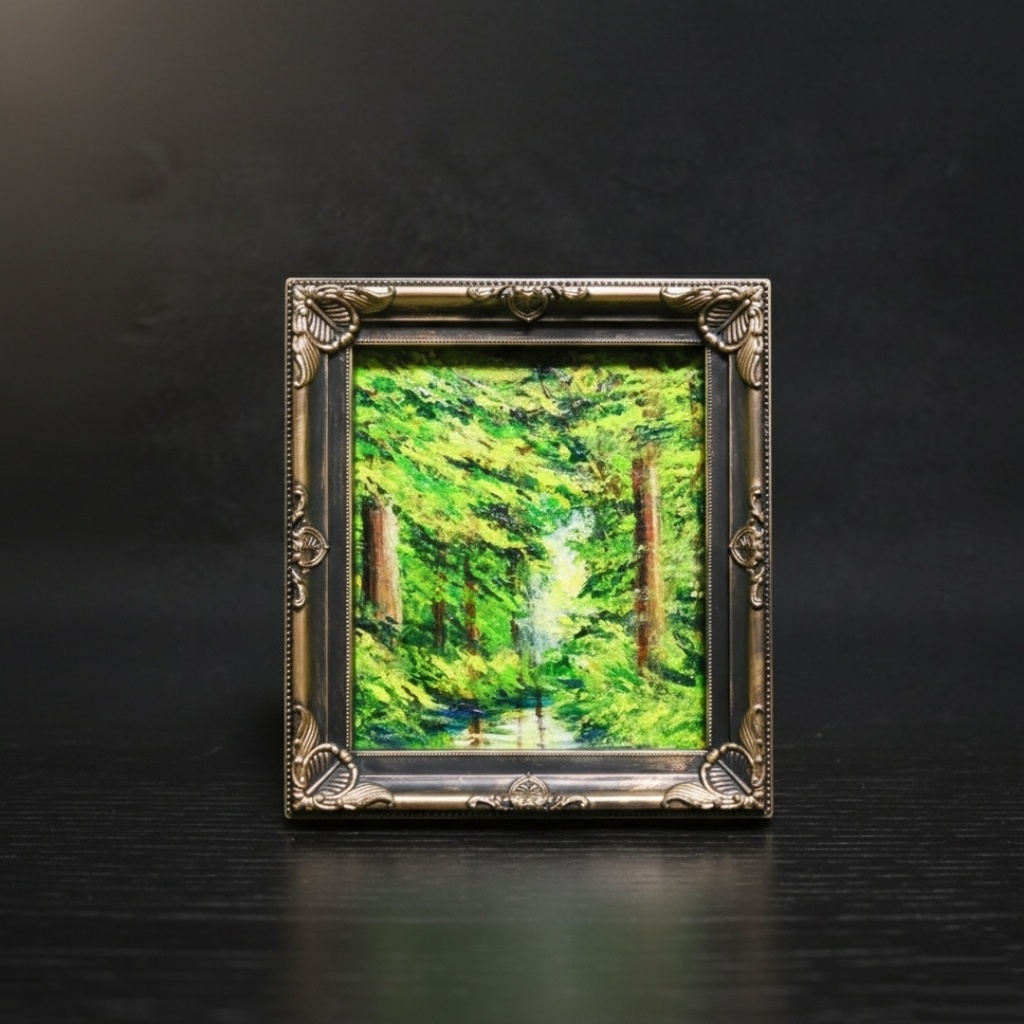 絵画 油彩 ミニ色紙絵 「緑の湖」