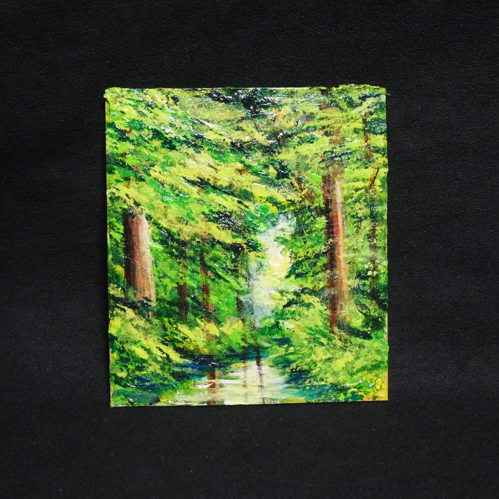絵画 油彩 ミニ色紙絵 「緑の湖」