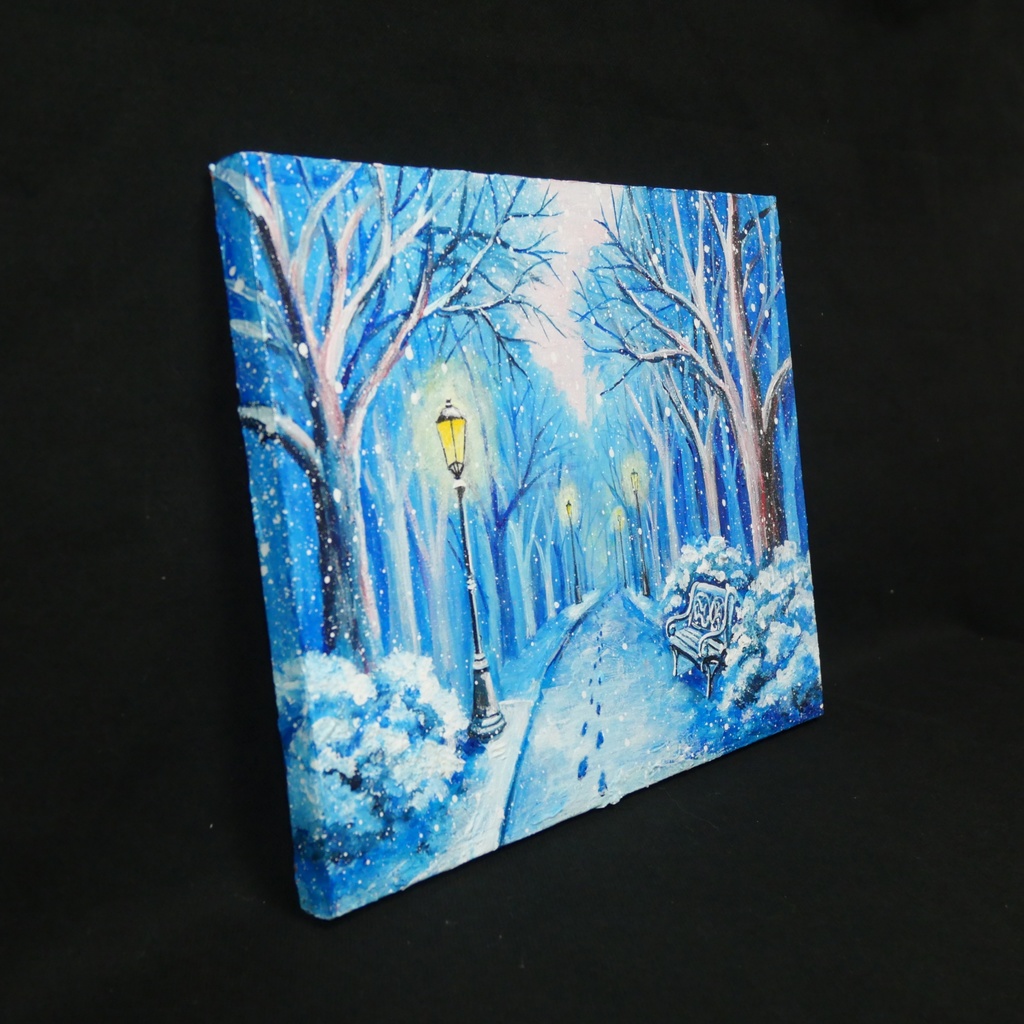 油絵 原画 雪景色 冬景色 幻想的 青 絵画 F3「雪降る幻想」