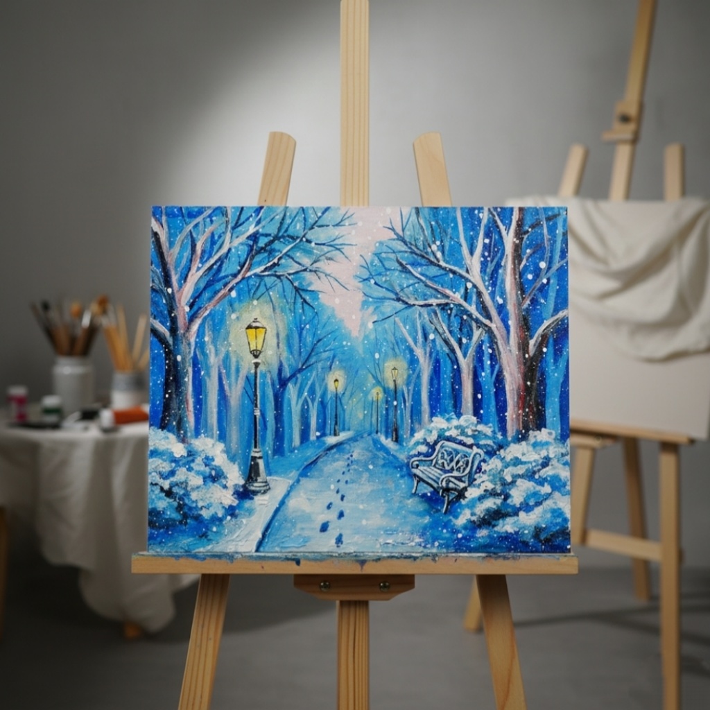 油絵 原画 雪景色 冬景色 幻想的 青 絵画 F3「雪降る幻想」